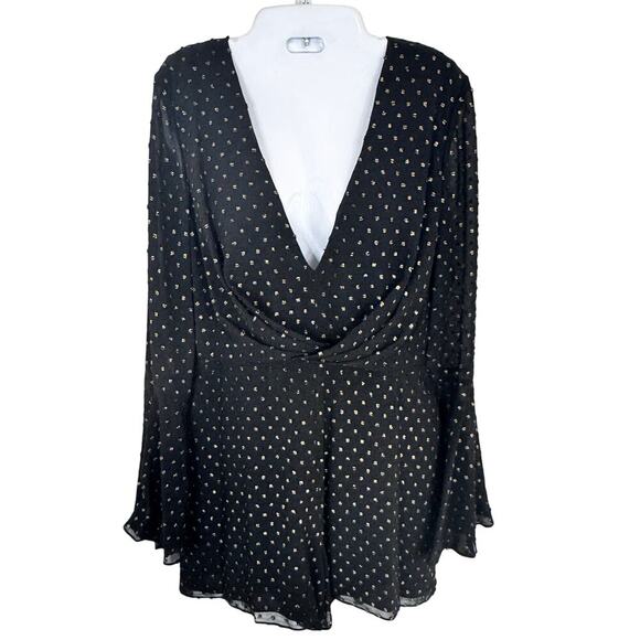 New Jay Godfrey Black Gold Metallic Polka Dot Romper Long Bell Sleeve Sz 6 - Picture 2 of 13